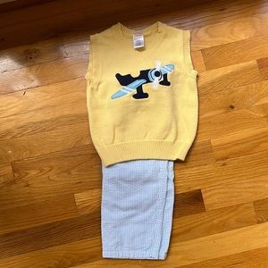 Gymboree 18-24 month blue and white seersucker pants and yellow vest w/airplane